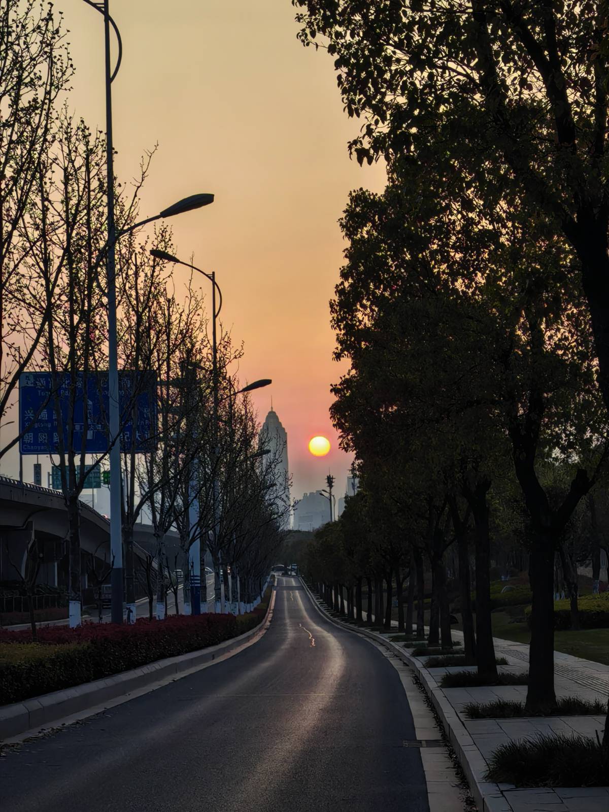 夕阳西下，城市的道路被余晖勾勒出温柔的轮廓
